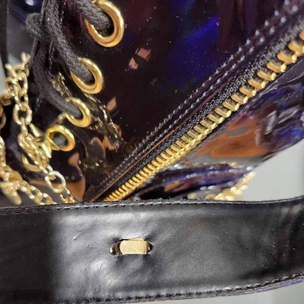 🦋🔥💋HOT ITEM! 💋🦋🔥Holographic Midnight Blue Moon & Star Chain Leather Boots